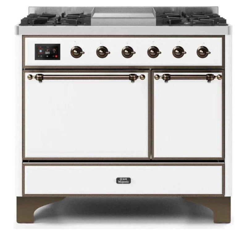ILVE 40 Inch Majestic II Series Natural/ Propane Gas Burner and Electric Oven Range with 6 Sealed Burners (UMD10FDQNS3) - White with Bronze Trim