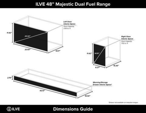 ILVE 48 Inch Majestic II Series Freestanding Dual Fuel Double Oven Range with 8 Sealed Burners, Triple Glass Cool Door, Convection Oven (UM12FDNS)