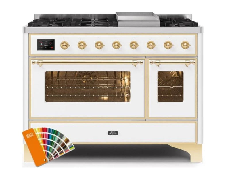 ILVE 48 Inch Majestic II Series Freestanding Dual Fuel Double Oven Range with 8 Sealed Burners, Triple Glass Cool Door, Convection Oven (UM12FDNS3)