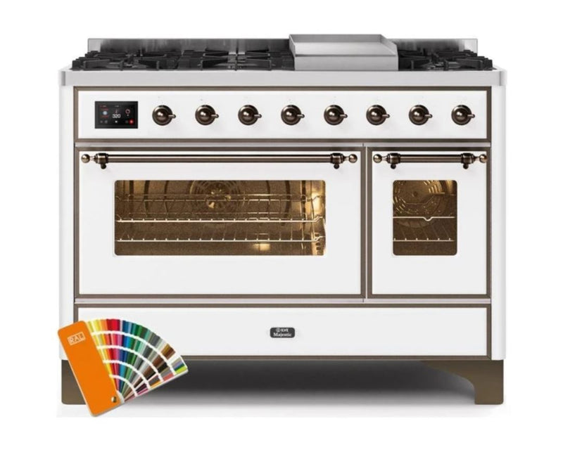 ILVE 48 Inch Majestic II Series Freestanding Dual Fuel Double Oven Range with 8 Sealed Burners, Triple Glass Cool Door, Convection Oven (UM12FDNS3)