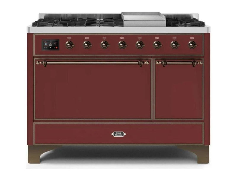 ILVE 48 Inch Majestic II Series Freestanding Dual Fuel Liquid Propane Range with 8 Sealed Brass Non Stick Coated Burners and Griddle (UM12FDQNS3)