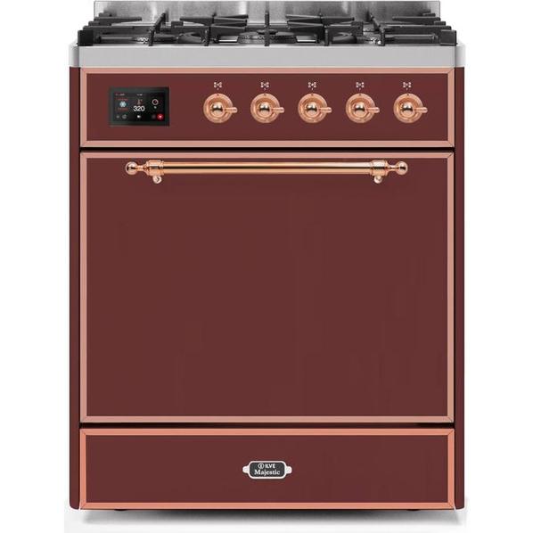 ILVE - Majestic II Series - 30 Inch Dual Fuel Freestanding Range Gas/Propane (UM30DQNE3) - Burgundy with Copper Trim