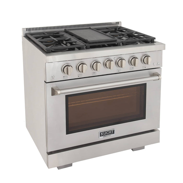 Kucht 4-Piece Appliance Package - 36-Inch Gas Range, Refrigerator, Under Cabinet Hood, & Dishwasher in Stainless Steel