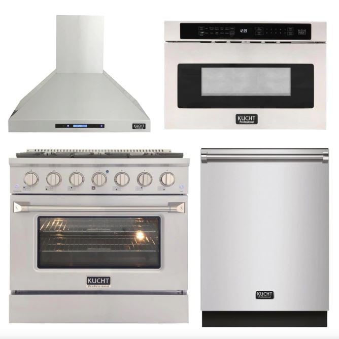 Kucht Professional 36 in. 5.2 cu ft. Natural Gas Range, Range Hood, Dishwasher & Microwave Drawer Package, AP-KNG361-S-4