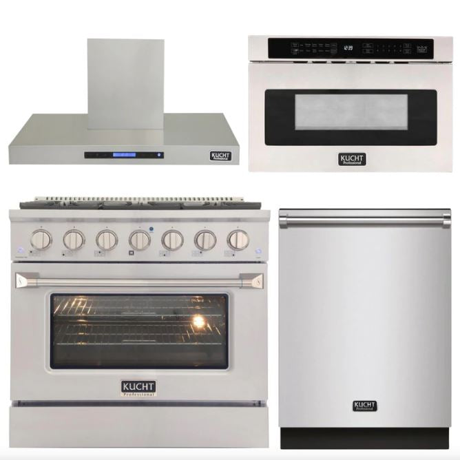 Kucht Professional 36 in. 5.2 cu ft. Natural Gas Range, Range Hood, Microwave Drawer & Dishwasher Package, AP-KNG361-S-8