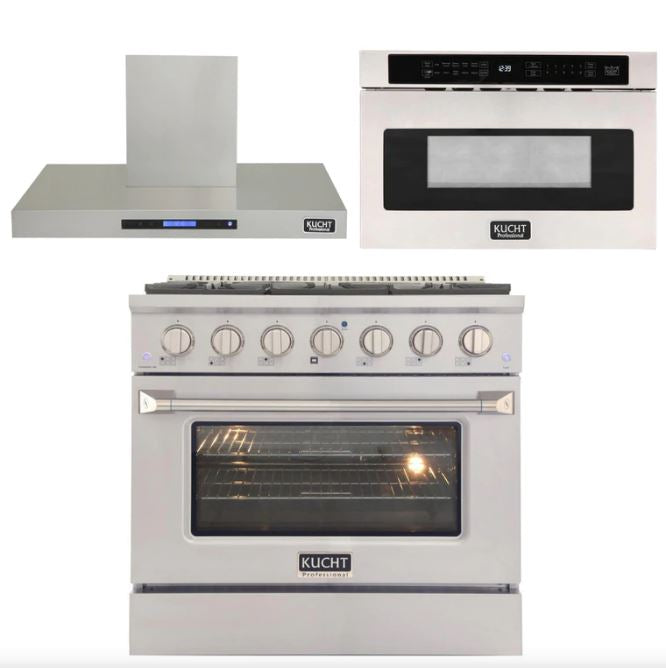 Kucht Professional 36 in. 5.2 cu ft. Natural Gas Range, Range Hood & Microwave Drawer Package, AP-KNG361-S-7