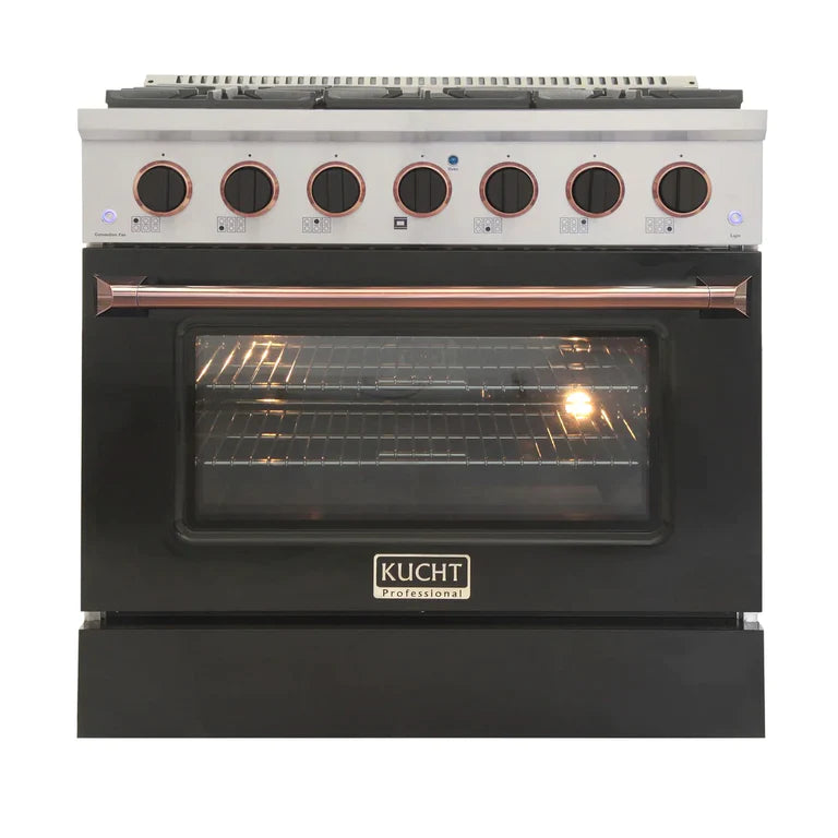 Kucht Signature 36 In. 5.2 cu ft. Natural Gas/Propane Gas Range with White and Black Door Gold/Rose Accents