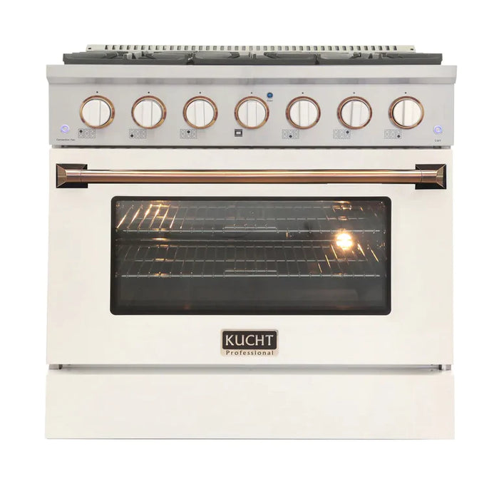 Kucht Signature 36 In. 5.2 cu ft. Natural Gas/Propane Gas Range with White and Black Door Gold/Rose Accents