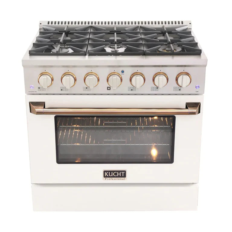 Kucht Signature 36 In. 5.2 cu ft. Natural Gas/Propane Gas Range with White and Black Door Gold/Rose Accents