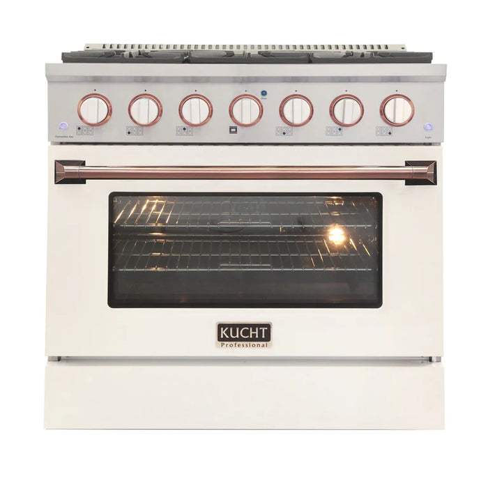 Kucht Signature 36 In. 5.2 cu ft. Natural Gas/Propane Gas Range with White and Black Door Gold/Rose Accents