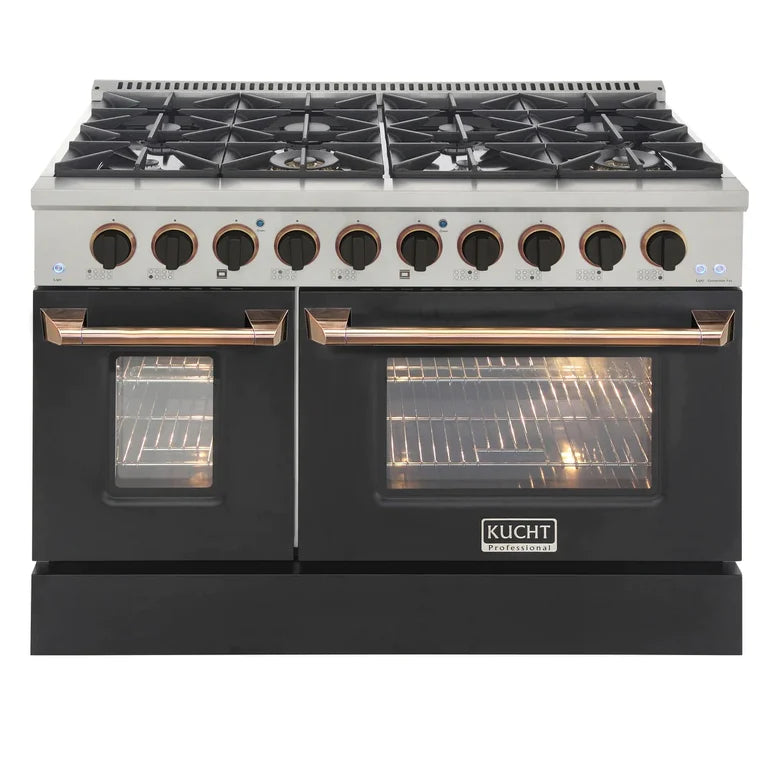 Kucht Signature 48 In. 6.7 cu ft. Natural Gas/Propane Gas Range with White/Black Door and Gold/Rose Accents 