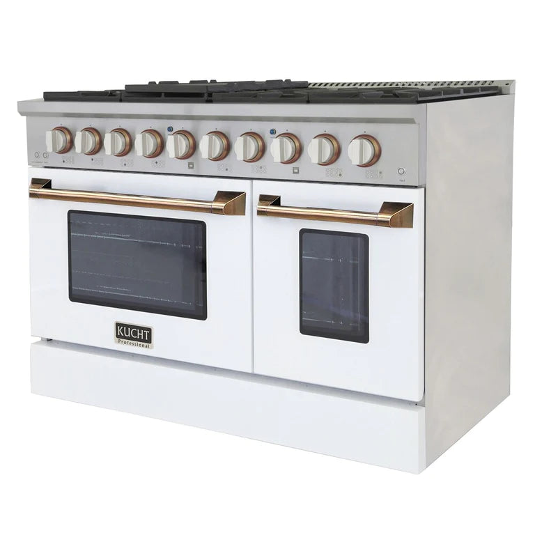 Kucht Signature 48 In. 6.7 cu ft. Natural Gas/Propane Gas Range with White/Black Door and Gold/Rose Accents 
