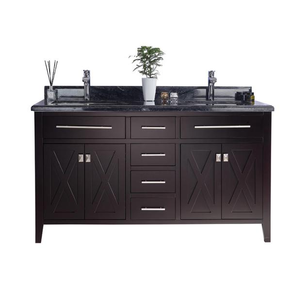 Laviva Wimbledon 60" Brown Double Sink Bathroom Vanity with Black Wood Marble Countertop 313YG319-60B-BW