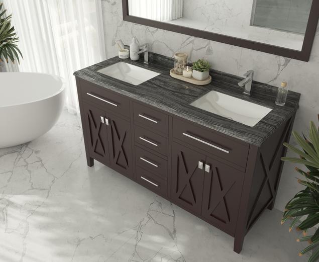 Laviva Wimbledon 60" Brown Double Sink Bathroom Vanity with Black Wood Marble Countertop 313YG319-60B-BW