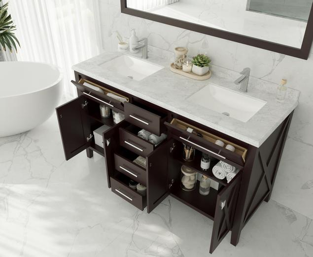 Laviva Wimbledon 60" Brown Double Sink Bathroom Vanity with Black Wood Marble Countertop 313YG319-60B-BW