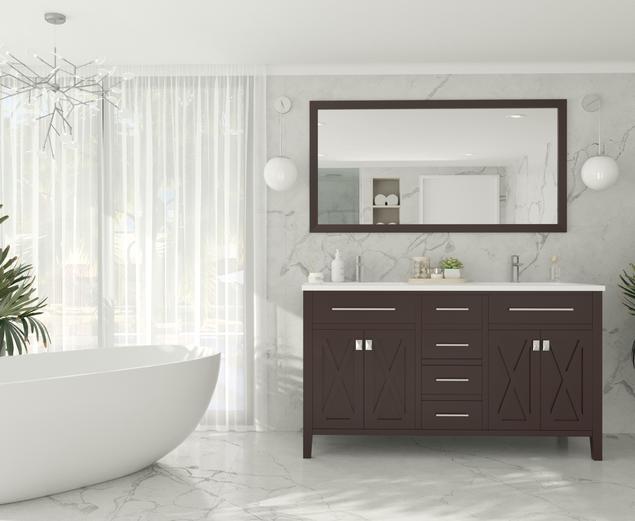 Laviva Wimbledon 60" Brown Double Sink Bathroom Vanity with Matte White VIVA Stone Solid Surface Countertop 313YG319-60B-MW