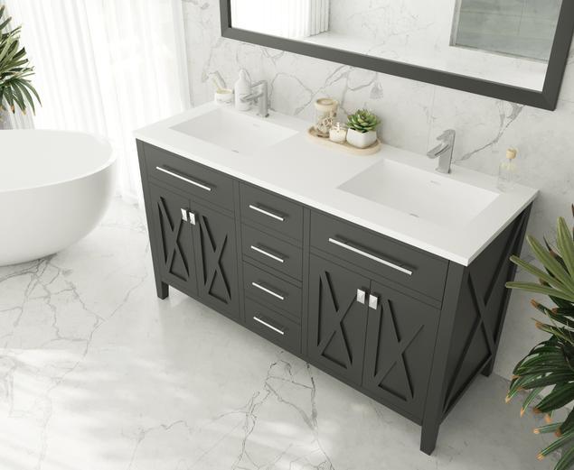 Laviva Wimbledon 60" Espresso Double Sink Bathroom Vanity with Matte White VIVA Stone Solid Surface Countertop 313YG319-60E-MW