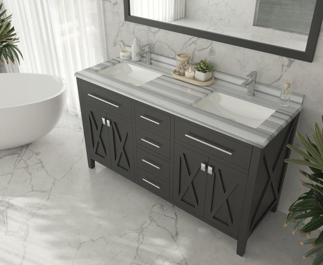 Laviva Wimbledon 60" Espresso Double Sink Bathroom Vanity with White Stripes Marble Countertop 313YG319-60E-WS