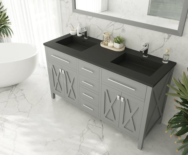 Laviva Wimbledon 60" Grey Double Sink Bathroom Vanity with Matte Black VIVA Stone Solid Surface Countertop 313YG319-60G-MB