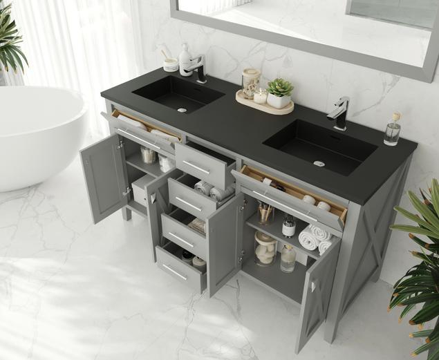 Laviva Wimbledon 60" Grey Double Sink Bathroom Vanity with Matte Black VIVA Stone Solid Surface Countertop 313YG319-60G-MB