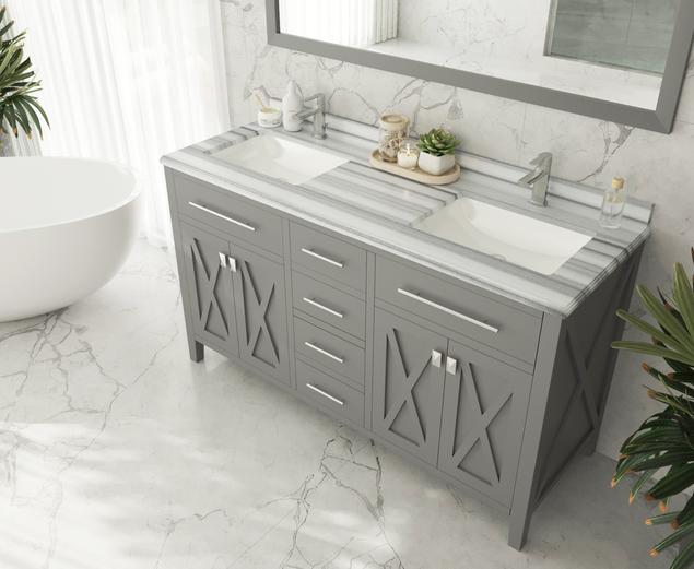 Laviva Wimbledon 60" Grey Double Sink Bathroom Vanity with White Stripes Marble Countertop 313YG319-60G-WS