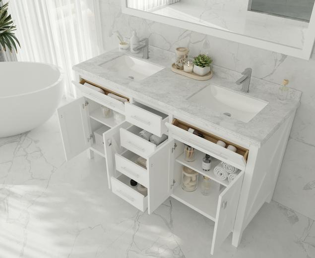 Laviva Wimbledon 60" White Double Sink Bathroom Vanity with Matte White VIVA Stone Solid Surface Countertop 313YG319-60W-MW