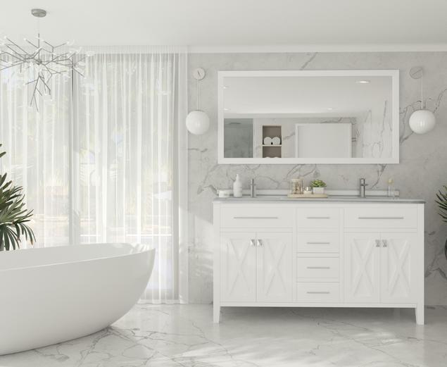 Laviva Wimbledon 60" White Double Sink Bathroom Vanity with White Stripes Marble Countertop 313YG319-60W-WS