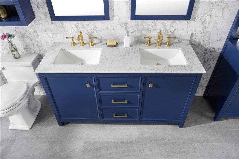 Legion Furniture 60" Blue Finish Double Sink Vanity Cabinet With Carrara White Top - WLF2160D-B