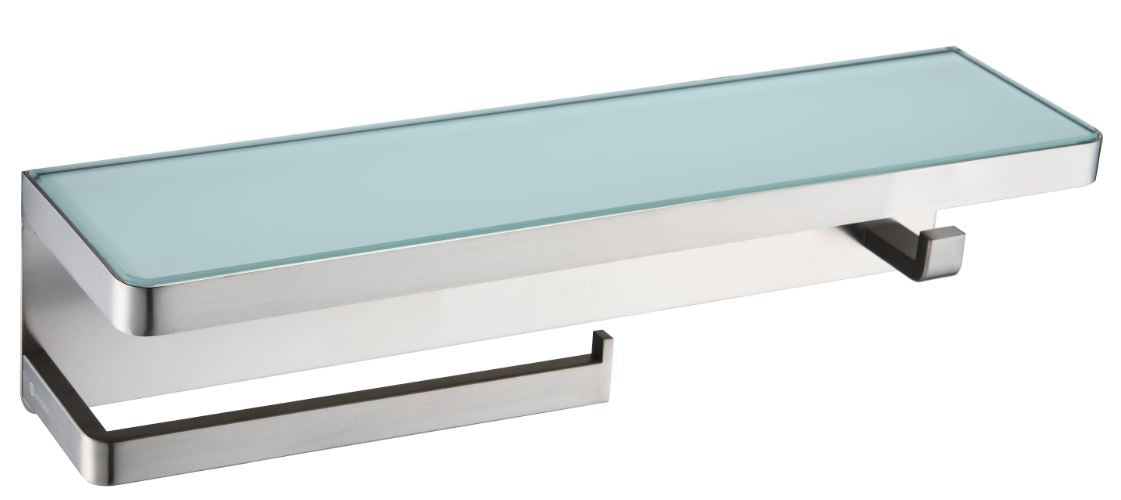 Lexora Bagno Bianca Stainless Steel White Glass Shelf w/ Towel Bar & Robe Hook - Brushed Nickel LSTR18152BN-WG