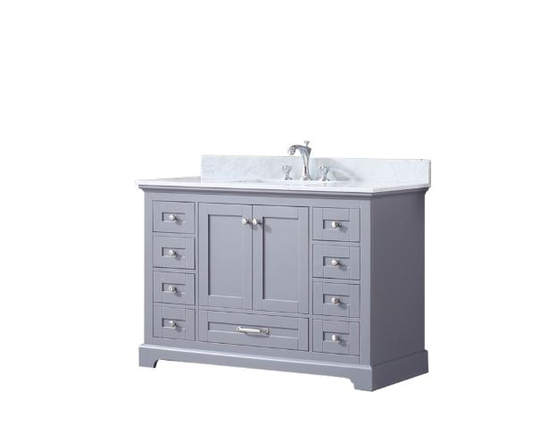 Lexora Dukes 48" Dark Grey Single Vanity, White Carrara Marble Top, White Square Sink and no Mirror LD342248SBDS000