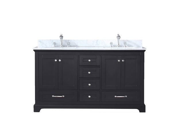 Lexora Dukes 60" Espresso Double Vanity, White Carrara Marble Top, White Square Sinks and no Mirror LD342260DGDS000