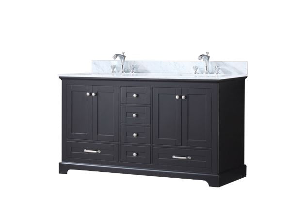 Lexora Dukes 60" Espresso Double Vanity, White Carrara Marble Top, White Square Sinks and no Mirror LD342260DGDS000