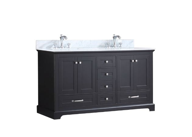 Lexora Dukes 60" Espresso Double Vanity, White Carrara Marble Top, White Square Sinks and no Mirror LD342260DGDS000