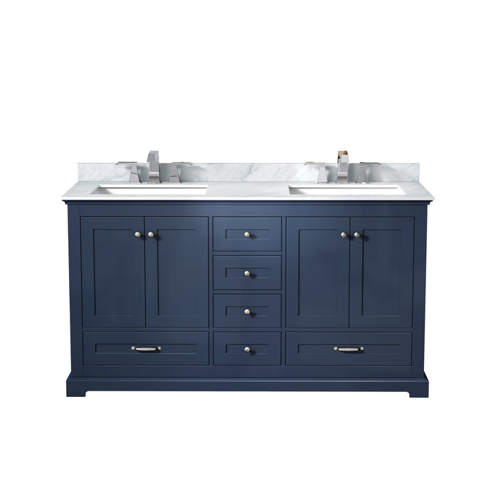 Lexora Dukes 60" Navy Blue Double Vanity, White Carrara Marble Top, White Square Sinks and no Mirror LD342260DEDS000