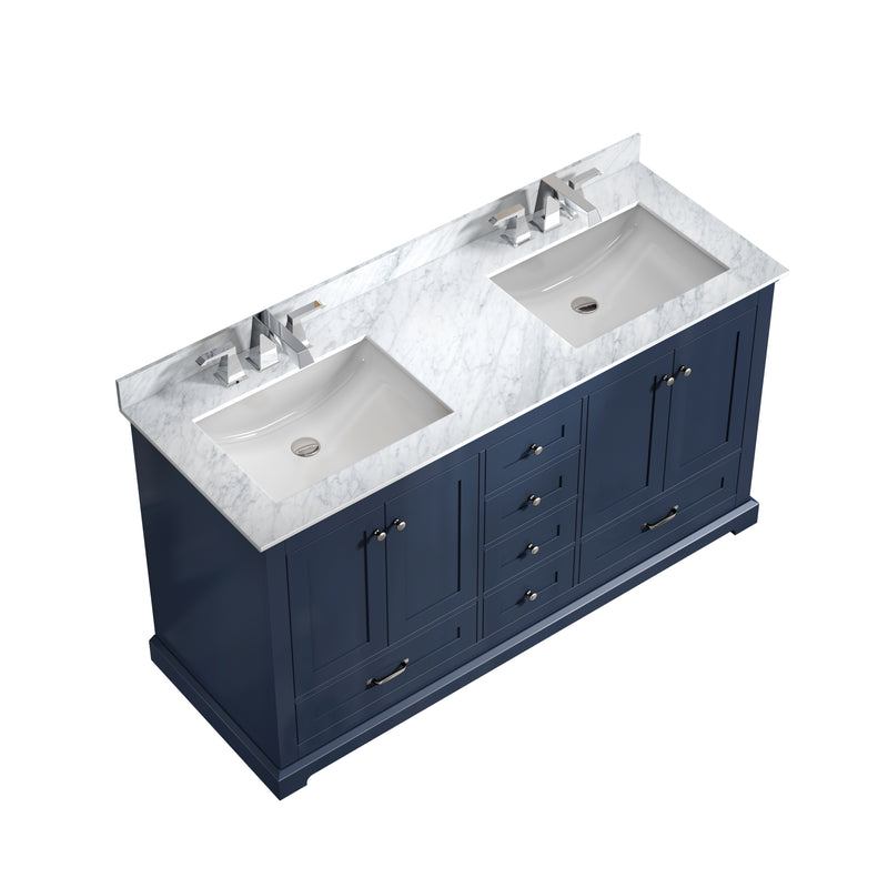 Lexora Dukes 60" Navy Blue Double Vanity, White Carrara Marble Top, White Square Sinks and no Mirror LD342260DEDS000