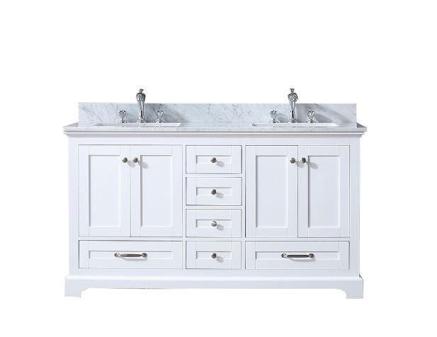 Lexora Dukes 60" White Double Vanity, White Carrara Marble Top, White Square Sinks and no Mirror LD342260DADS000