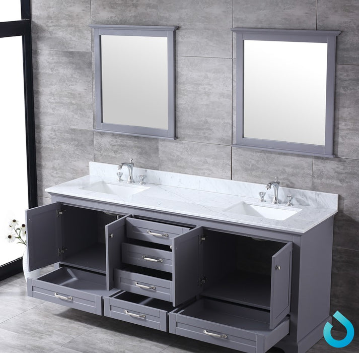 Lexora Dukes 80" Dark Grey Double Vanity, White Carrara Marble Top, White Square Sinks and 30" Mirrors LD342280DBDSM30