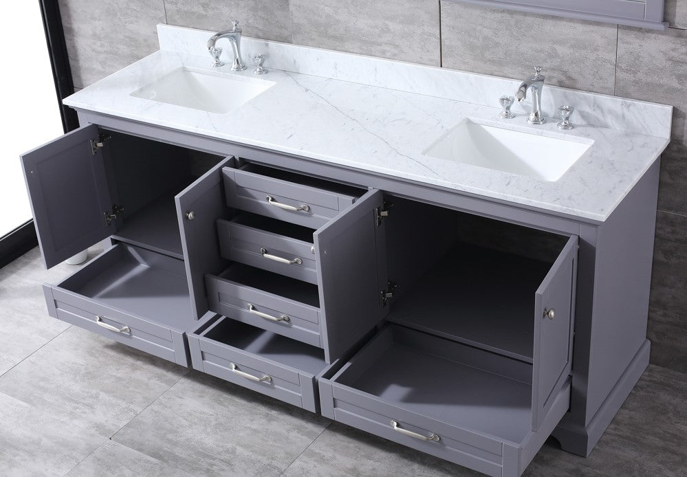 Lexora Dukes 80" Dark Grey Double Vanity, White Carrara Marble Top, White Square Sinks and 30" Mirrors LD342280DBDSM30