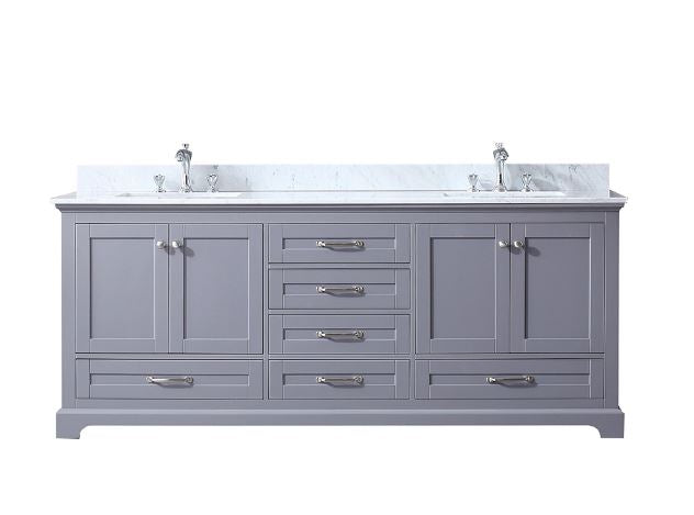 Lexora Dukes 80" Dark Grey Double Vanity, White Carrara Marble Top, White Square Sinks and no Mirror LD342280DBDS000