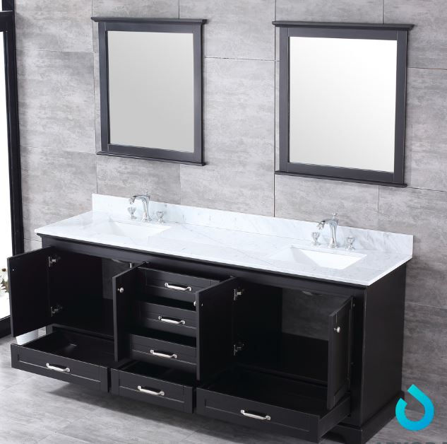 Lexora Dukes 80" Espresso Double Vanity, White Carrara Marble Top, White Square Sinks and 30" Mirrors LD342280DGDSM30