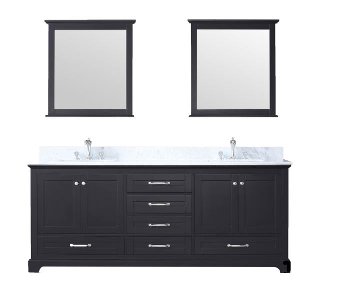 Lexora Dukes 80" Espresso Double Vanity, White Carrara Marble Top, White Square Sinks and 30" Mirrors LD342280DGDSM30