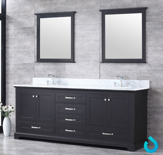 Lexora Dukes 80" Espresso Double Vanity, White Carrara Marble Top, White Square Sinks and 30" Mirrors LD342280DGDSM30