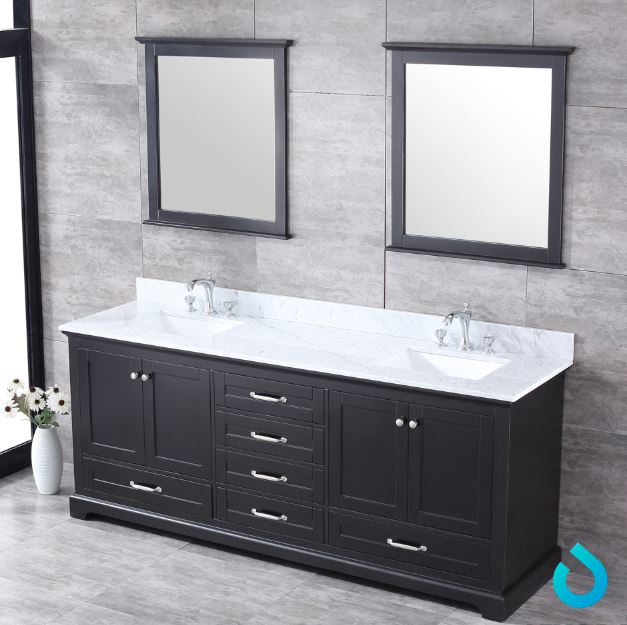 Lexora Dukes 80" Espresso Double Vanity, White Carrara Marble Top, White Square Sinks and 30" Mirrors LD342280DGDSM30