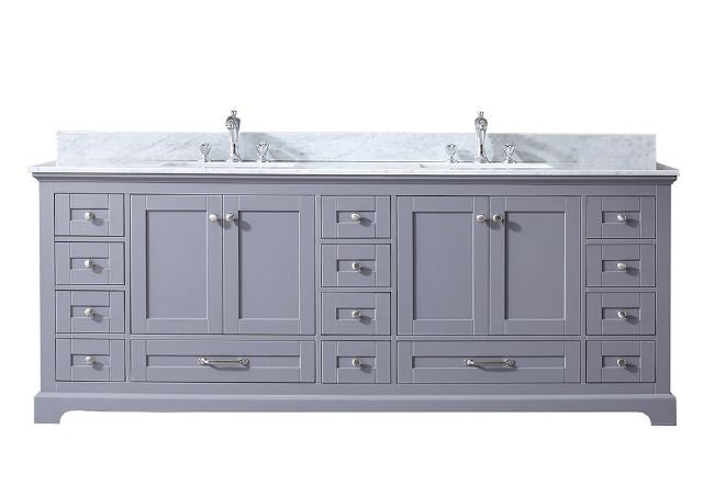 Lexora Dukes 84" Dark Grey Double Vanity, White Carrara Marble Top, White Square Sinks and no Mirror LD342284DBDS000