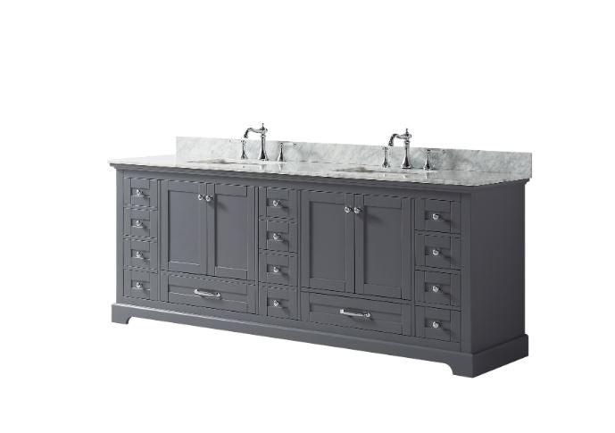 Lexora Dukes 84" Dark Grey Double Vanity, White Carrara Marble Top, White Square Sinks and no Mirror LD342284DBDS000