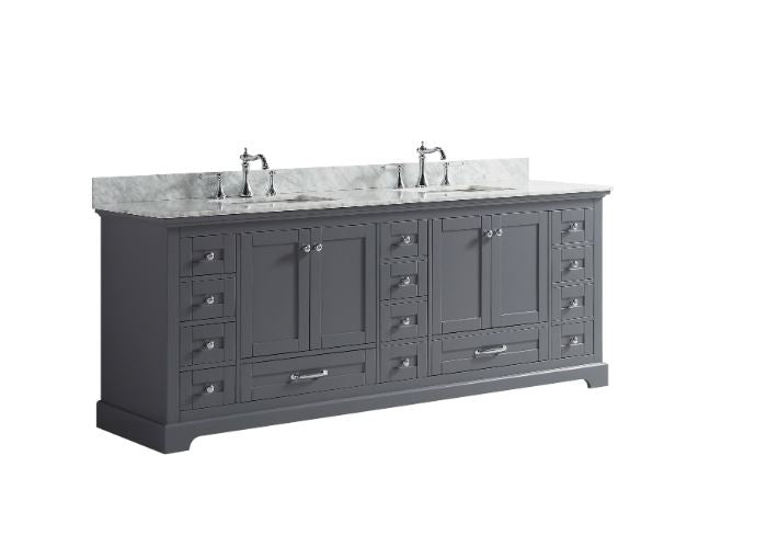 Lexora Dukes 84" Dark Grey Double Vanity, White Carrara Marble Top, White Square Sinks and no Mirror LD342284DBDS000