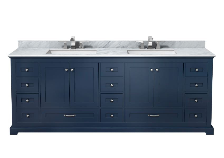 Lexora Dukes 84" Navy Blue Double Vanity, White Carrara Marble Top, White Square Sinks and no Mirror LD342284DEDS000