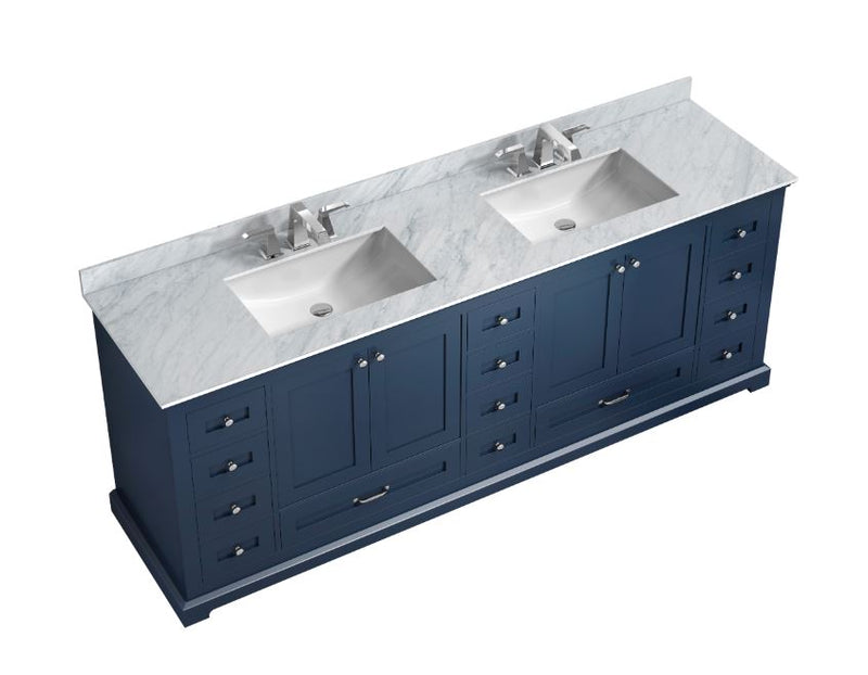 Lexora Dukes 84" Navy Blue Double Vanity, White Carrara Marble Top, White Square Sinks and no Mirror LD342284DEDS000