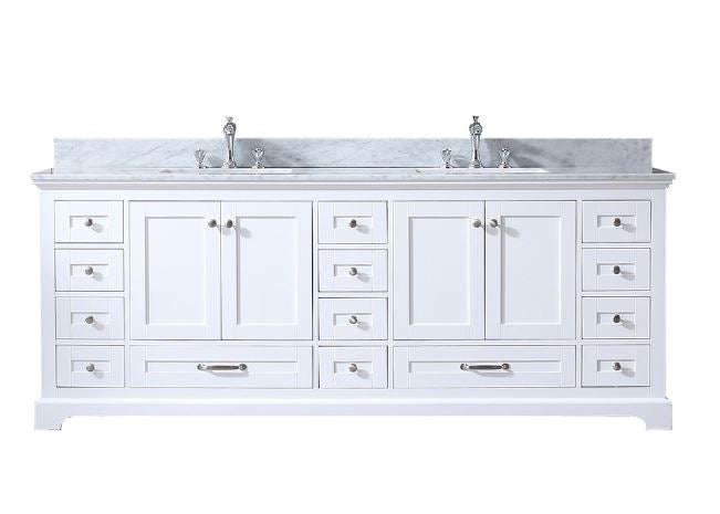 Lexora Dukes 84" White Double Vanity, White Carrara Marble Top, White Square Sinks and no Mirror LD342284DADS000