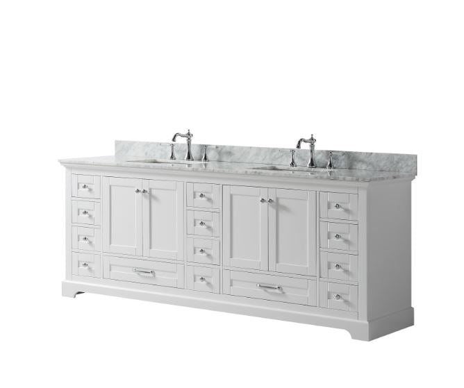 Lexora Dukes 84" White Double Vanity, White Carrara Marble Top, White Square Sinks and no Mirror LD342284DADS000